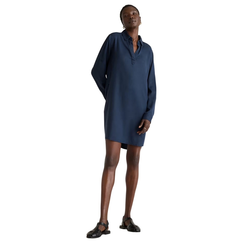 Quince Vintage Wash Tencel Roll Sleeve Tunic Dress Navy Blue XL Quiet Luxury NWT